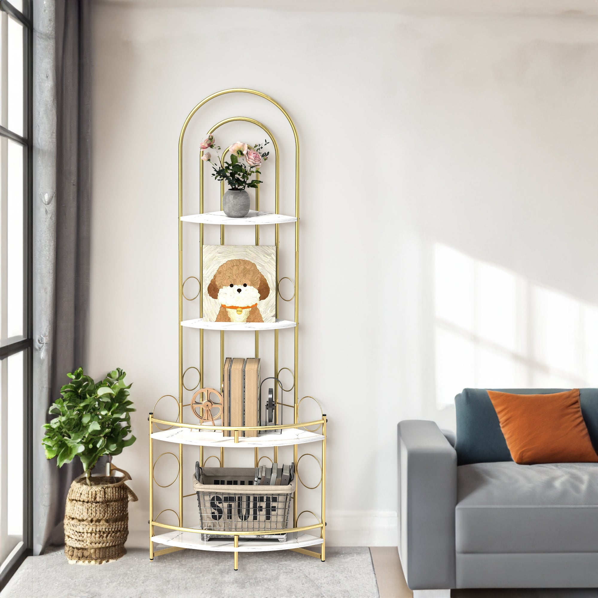 Gold 4-Tier Corner Bookshelf, Modern Style, Plant Stand with Metal Frame