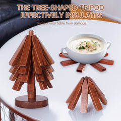 A set of tree - shaped wooden items including 4 trivets for hot dishes, pots, and pans, along with 1 stand.