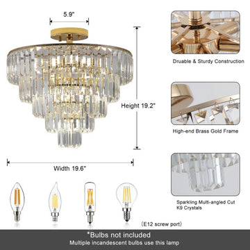 Golden Crystal Chandelier, 5-layer Round Semi-recessed Chandelier Lamp, Large Modern Luxury Chandelier, Suitable For Living Room, Dining Room, Bedroom, Corridor Unavailable Platforms- Temu