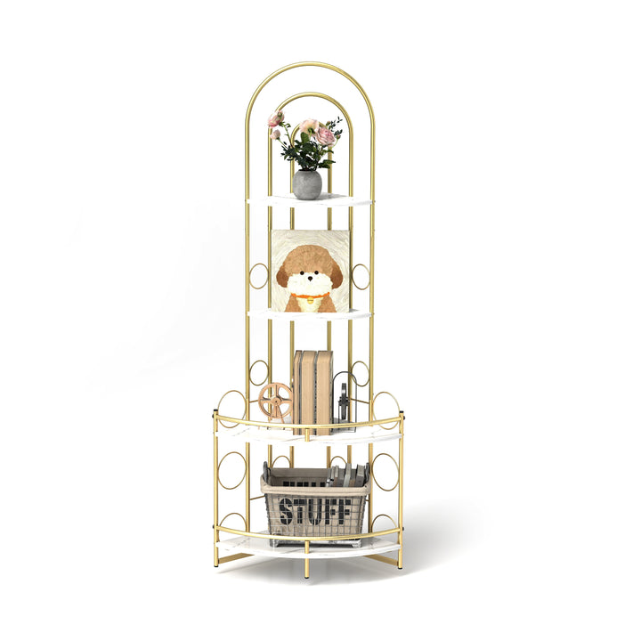 Gold 4-Tier Corner Bookshelf, Plant Stand Stylish Metal Frame