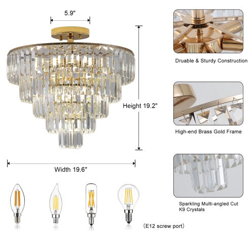 Golden Crystal Chandelier 5-layer Round Semi-recessed