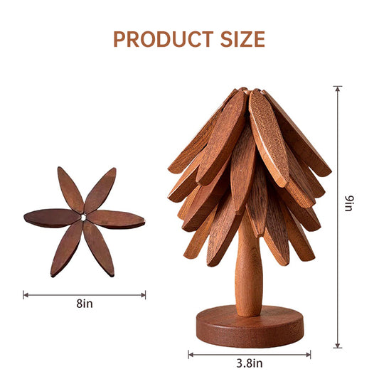 A set of tree - shaped wooden items including 4 trivets for hot dishes, pots, and pans, along with 1 stand.