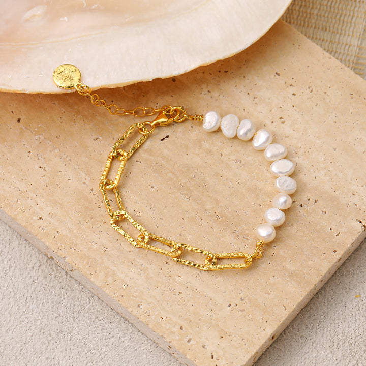Irregular Hollow Natural Pearl 925 Sterling Bracelet