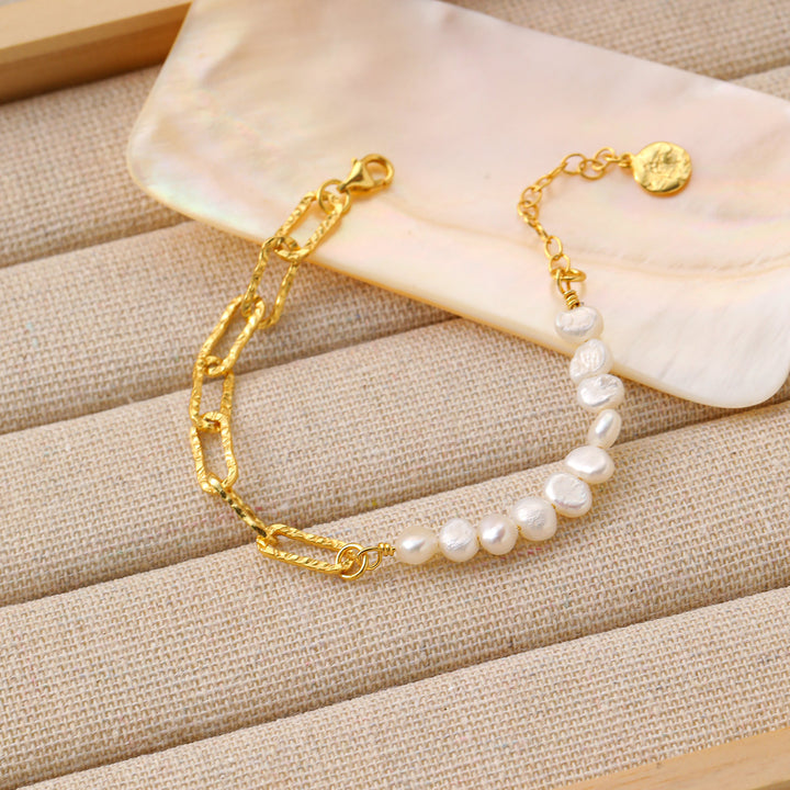 Irregular Hollow Natural Pearl 925 Sterling Bracelet